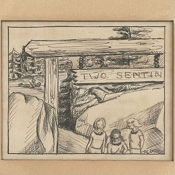 Vintage Sketch Drawing Artwork Framed Signed Camp Woods Lake M.DREYFOSS 14x13 - Picture 2 of 5
